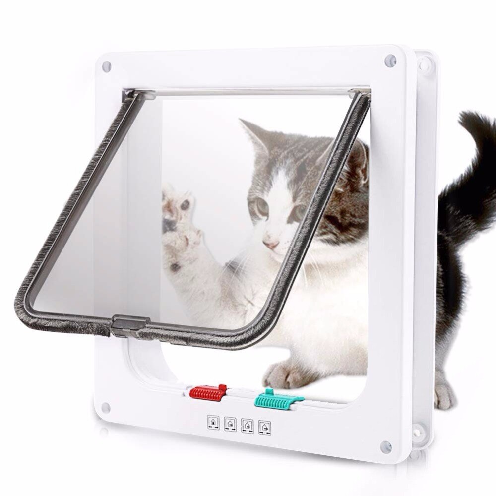 Cat Flap Door with 4 Way Security Lock Dog Flap Door for Dog Cats Kitten ABS Plastic Small Pet Gate Door Kit Cat Dogs Flap Doors