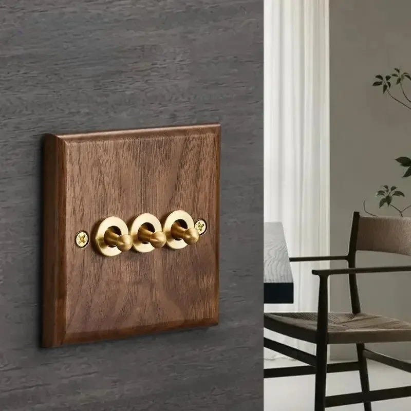 Black Walnut Wood Toggle Light Switch,Home retro Brass Panel,FR UK Universal Double USB Wall Electrical Socket Vintage Switch