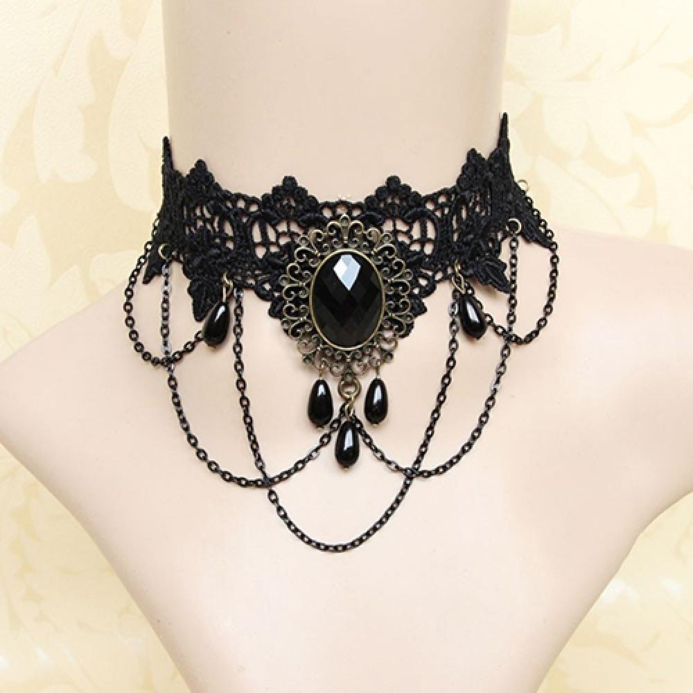 Gargantilla gótica victoriana para mujer, collar de encaje negro, mujer, chica, borla de cristal bohemio, gargantilla de encaje Sexy, joya de Halloween estilo Loli
