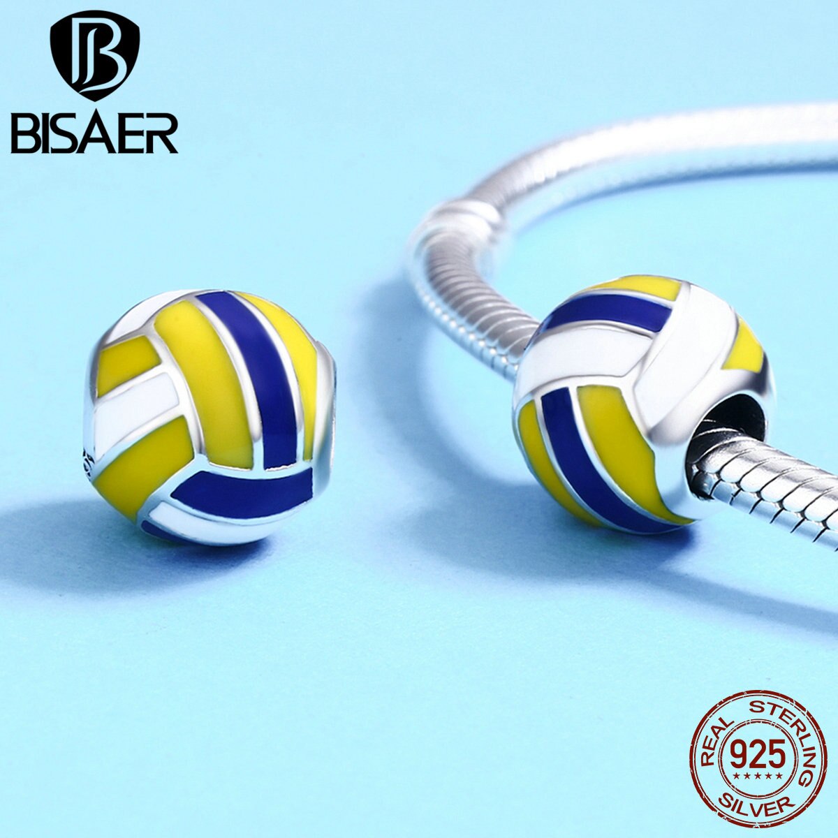 BISAER-bolas de fútbol de Plata de Ley 925 auténtica, bolas deportivas de voleibol, dijes compatibles con cuentas de plata, fabricación de joyas DIY