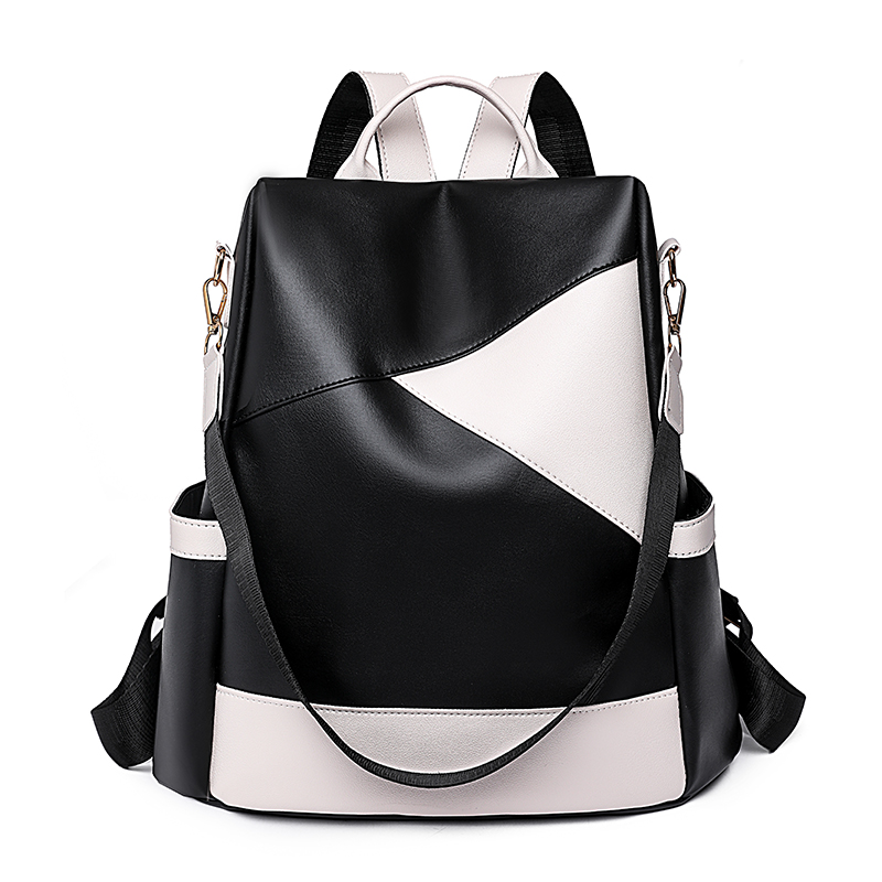 Mochila escolar de piel suave para mujer, bolso de viaje sencillo e impermeable con de bloques de colores, de: Negro