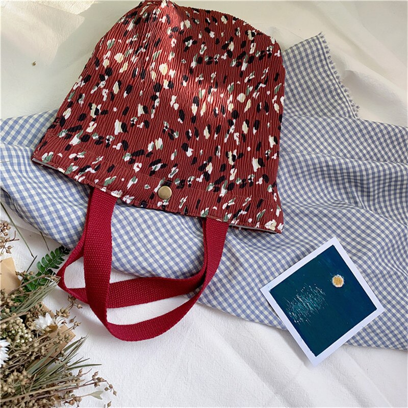 Mini bolsa de tela fresca portátil para mujer, bolso de mano con estampado de arrugas, enfriador térmico aislado, Bento, fiambrera, Tote, almacenamiento de Picnic: Borgoña