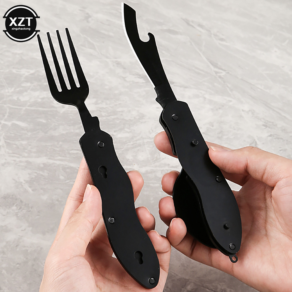 3-in-1 Outdoor Opvouwbare Lepel Vork Mes Combo Set Bestek Picknick Reizen Draagbare Multitool Roestvrij staal Camping Gebruiksvoorwerpen