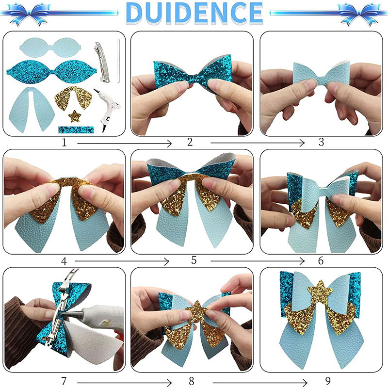 Pre Cut Leather Bow Making Kit 8 Set Colorful Large Bows with Glitter Solid Pieces French Barrette Hair Clips for DIY