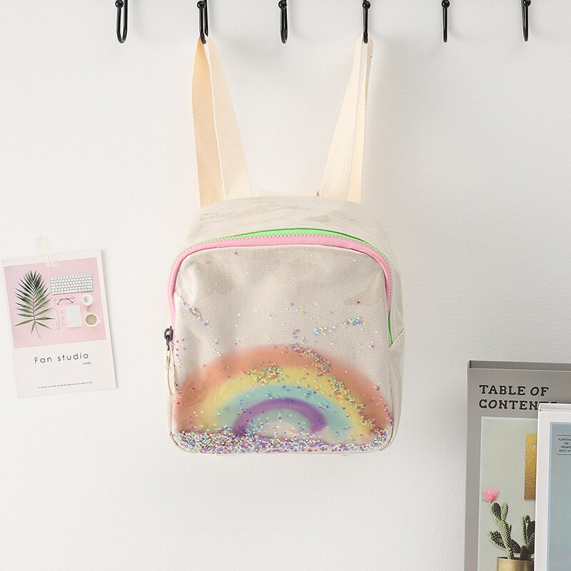 Mochila para niñas pequeñas con arco iris, mochila escolar bonita, mochila con lentejuelas brillantes para niños: Blanco