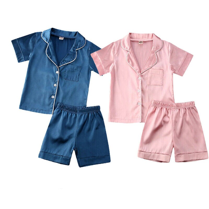 2 stk sæt baby drenge piger satin silke pyjamas sæt sommer solid afslappet kortærmet skjorte+bukser småbørn hjemme nattøj nattøj