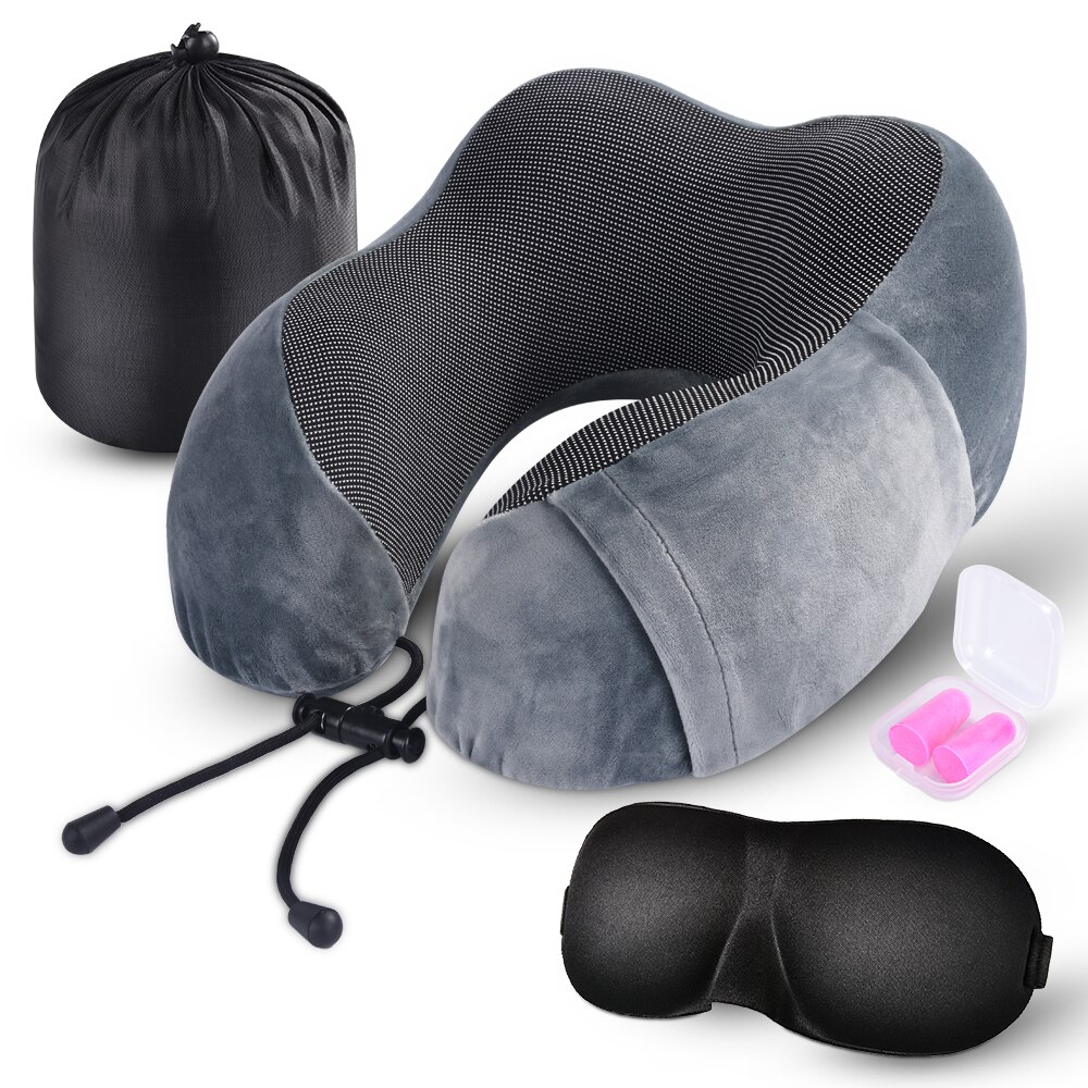 Travel Pillow Memory Foam Neck Pillow Airplane Travel Kit with 3D Eye Masks, Earplugs and Luxury Bag: dark greyu