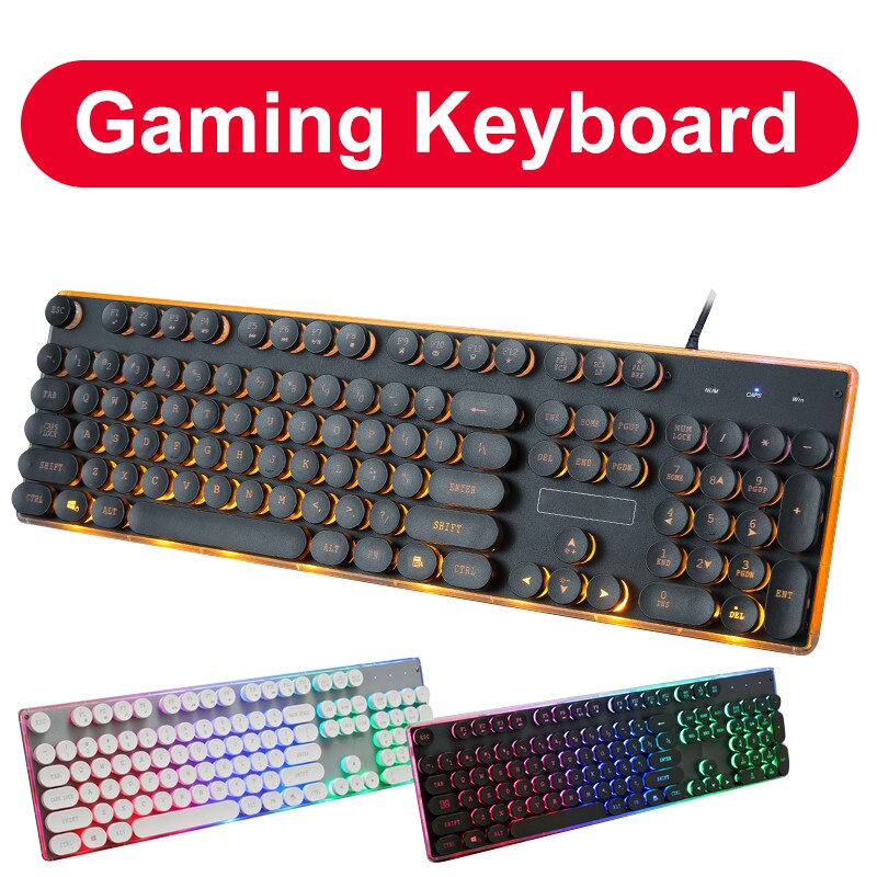 Wired Gaming Keyboard Retro Round Glowing Keycap Metal Panel Backlit USB 104 Keycaps For Computer Tablet Desktop Game Keyboards