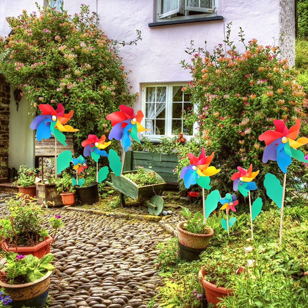5 Stks/set Wind Spinner Eenvoudige Vier Kleuren Windmolen Pinwheel Houten Paal Tuin Decoratie Kids Kinderen Speelgoed Wiel 12Cm Outdoor