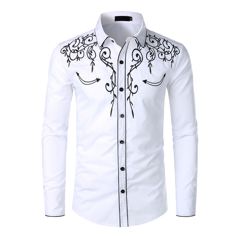 Western Cowboy Borduren Shirts Mannen Casual Lange Mouwen Slim Fit Shirt Mannelijke Bruiloft Sociale Mannen Club Prom Chemise homme: White / Xxl