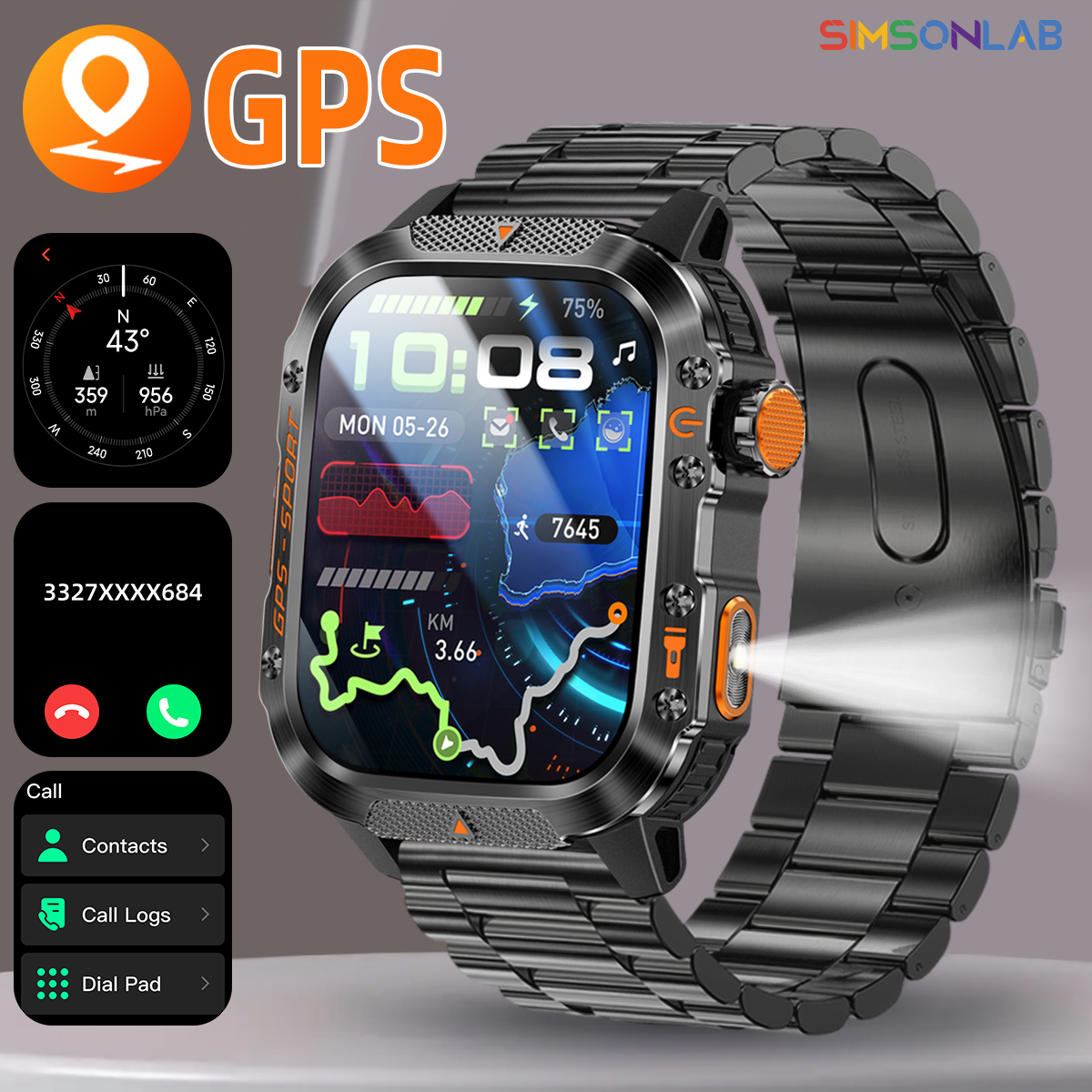 Nuovo accorto guarda costruito-in GPS a doppia frequenza Chiamata senza fili 3ATM Torcia portato impermeabile Bussola sport tutto'aria aperta da uomo Smartwatch