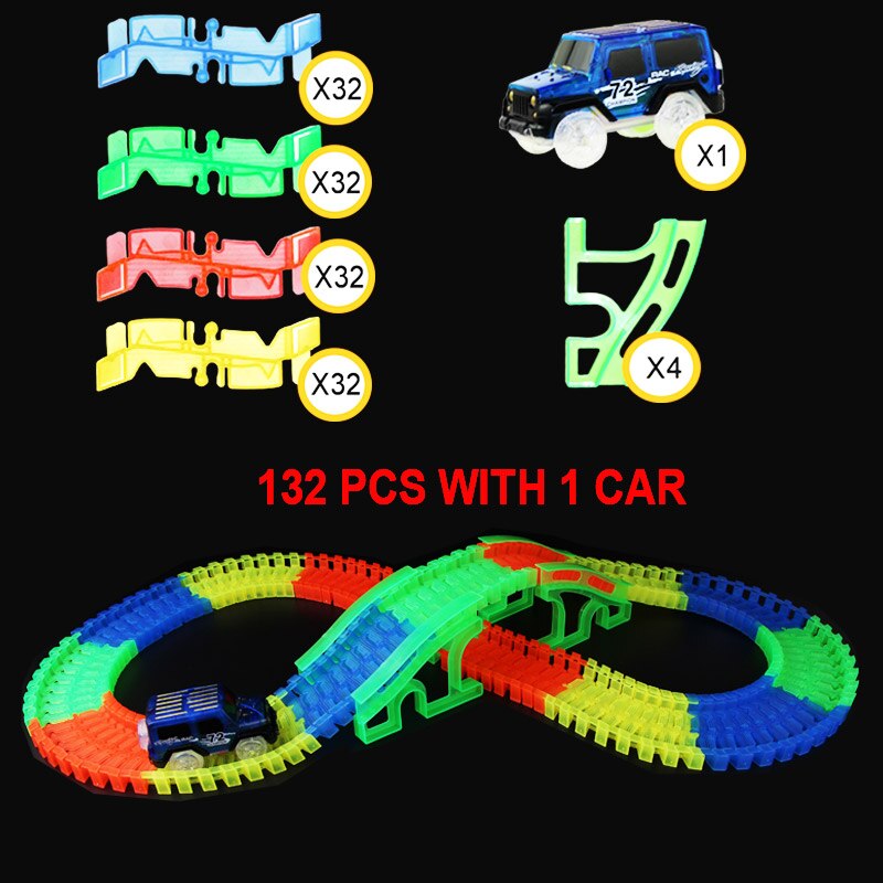 Flessibile Glow Pista Lampeggiante Diecast Modello di Auto Da Corsa Luminoso Glow in the Dark Educativo di Giocattoli per I Ragazzi Regalo di Natale: 132 pcs with 1 car