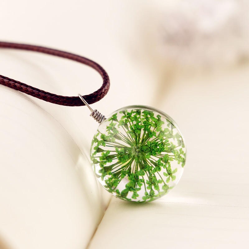 Runde Löwenzahn getrocknete Blume Anhänger Halskette Charme natürliche Löwenzahn Glas Cabochon transparent Glücklich Wunsch Glaskugel Schmuck: Nachgemachter Rhodium überzogen