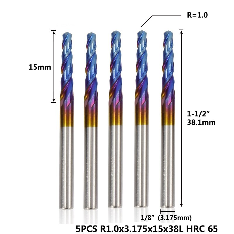 Xcan konisk kuglenæse endefræser 1/8 '' (3.175mm)  skaft supercoated hårdmetal fræser 5 stk sæt træ metal graveringsbit: R1.0 hrc 65