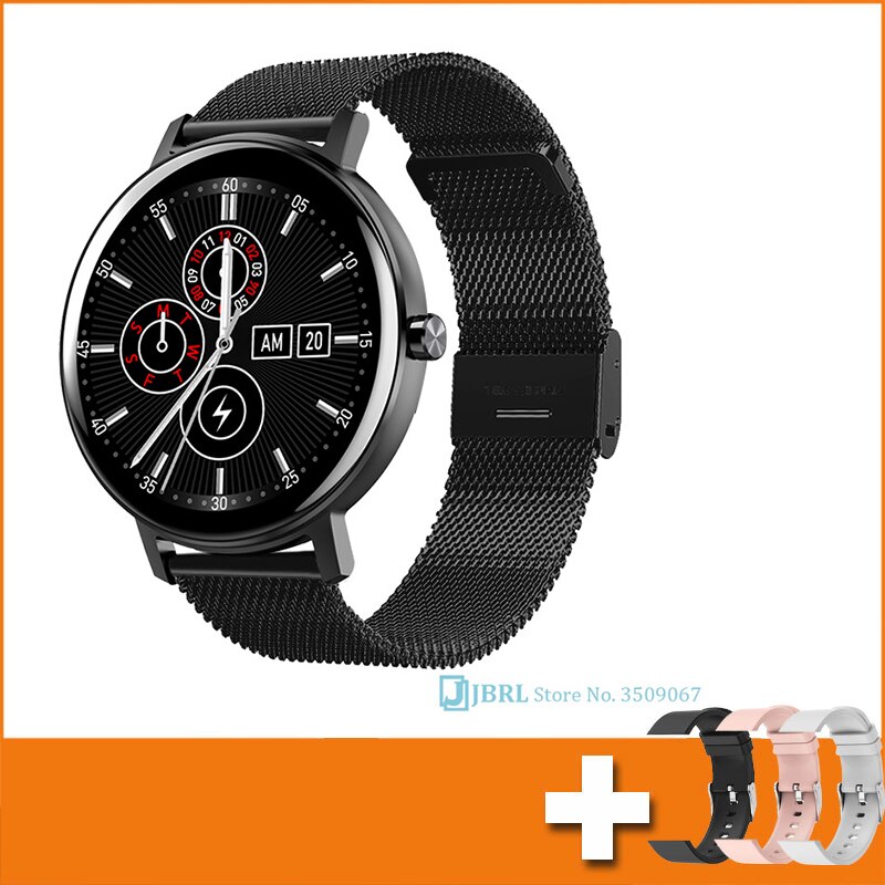 Banda inteligente redonda dos homens das mulheres pulseira inteligente rastreador de fitness para android ios smartband superior toque completo pulseira de pulso inteligente banda: black add strap 4