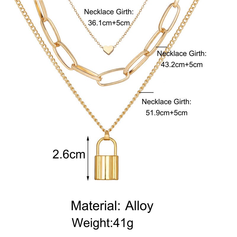 Vintage Multi Layer Lock Necklaces Chain For Women Gold Heart Key Pendants Necklace Party Jewelry