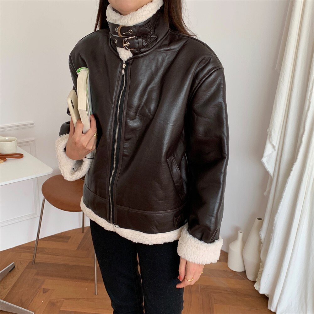 Alien Kitty Winter Work Wear Warm Women PU Jackets Streetwear Wool OL Femme All Match Casual Loose Coats: coffee