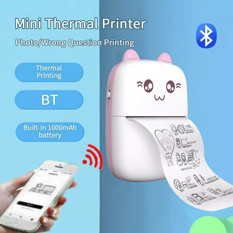 Mini impresora térmica portátil, máquina de impresión inalámbrica BT, 200dpi, para etiquetas, Impresión de mensajes incorrectos con Cable USB, IOS