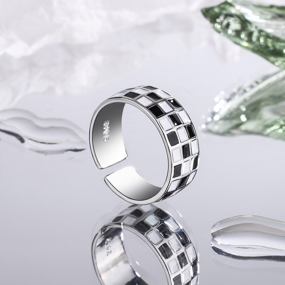 Nehzy S925 Stempel Zilver Vrouwen Mode-sieraden Dambord Eenvoudige Zwart-wit Plaid Open Ring