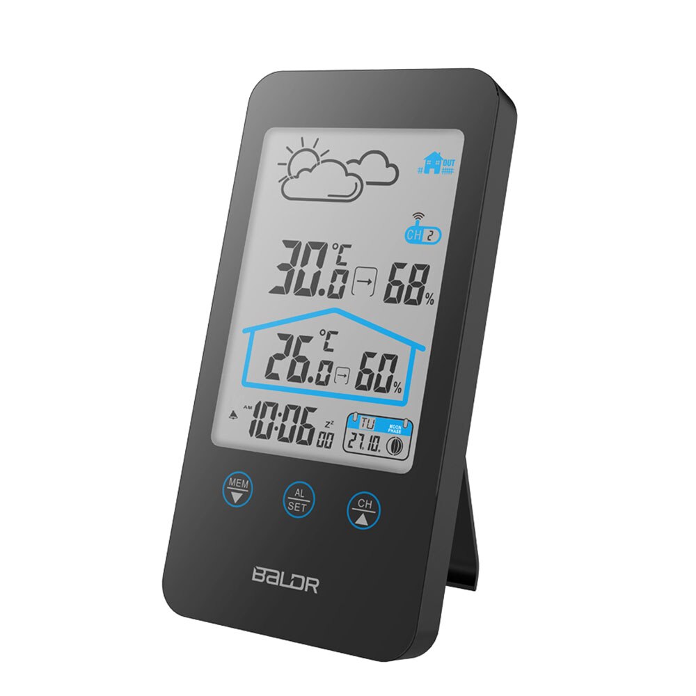 Touch Screen Wireless Thermometer Hygrometer Indoor Outdoor Weather Station Weather Forecast+ Moon Phase and Calendar Function: black