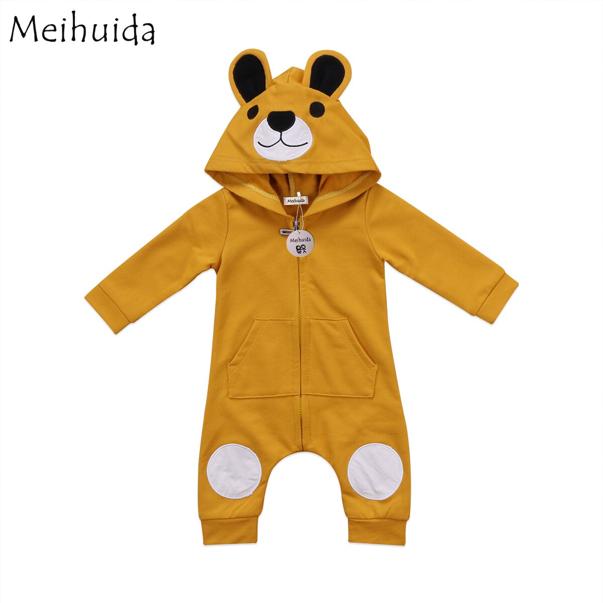 Cute Bear Baby Rompers Newborn Infants Boys Girls Clothes Kids Hooded Jumpsuit Outfit Pullover: Yellow / 12M