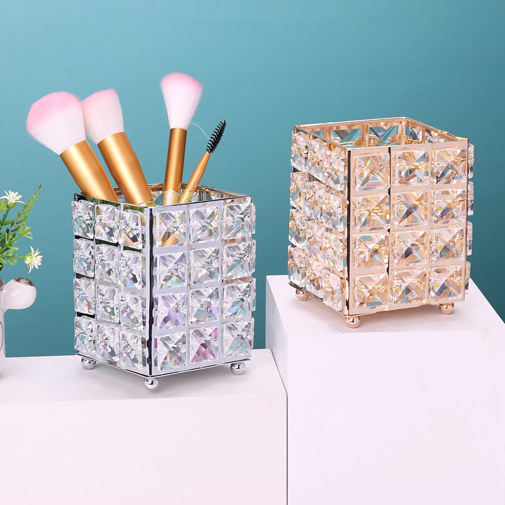 Metal Crystal Makeup Brushes Storage Tube Eyebrow Pencil Cosmetic Pens Holder Desktop Jewelry Box Organizer