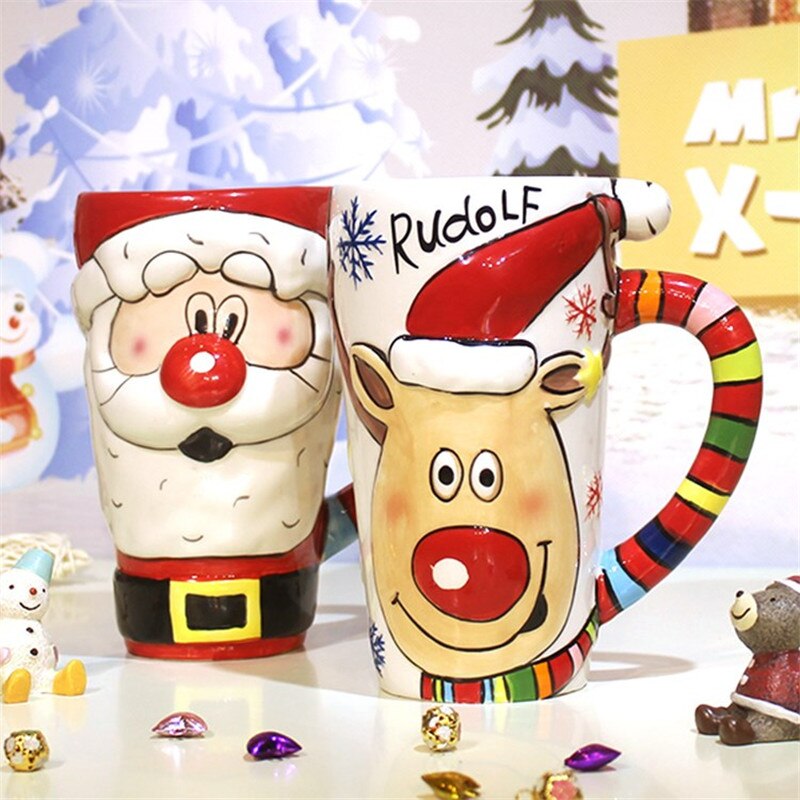 600ml 3D Santa Claus Cartoon Painted Ceramic Cup Coffee Milk Tea Breakfast Mug Home Office Collection Cups Christmas