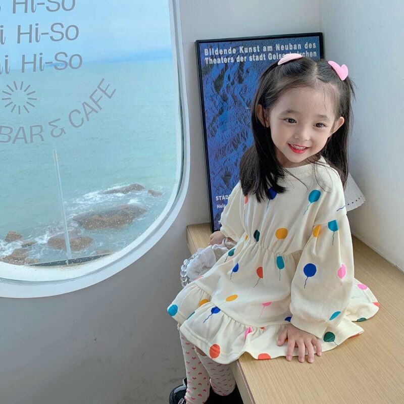 Girl Dot Print Princess Dress Autumn Spring Sweatshirts Long Sleeve Dress Puff Sleeve Cute Casual Dress Kids Children Clothing