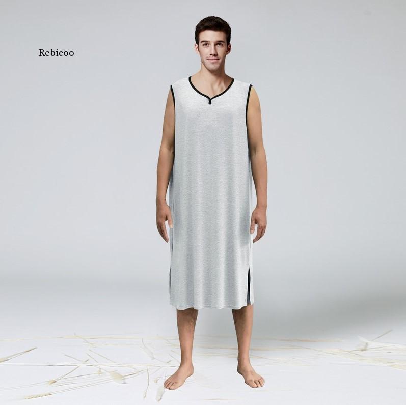 Men Sleepwear Long Nightshirt Short Sleeve Nightwear Night Shirt Soft Comfortable Loose Sleep Shirt Male Home Clothing: Grey vest / L