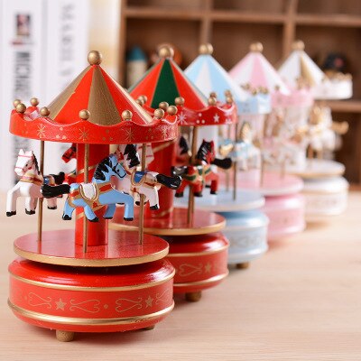 Merry Go Round Music Box Geometric Baby Room Decoration Unisex Wooden Christmas Horse Carousel MusicBox birthday ado