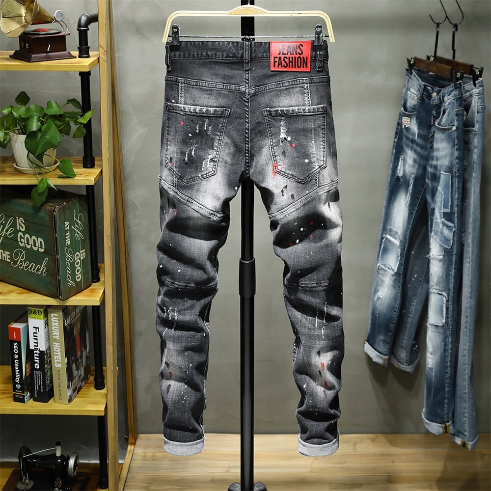 EH·MD® Ripped Hole Jeans Men's Paint Dots Ink Splattered Soft Cotton High Elastic Leather Label Black Grey Slim Pants Red Ears