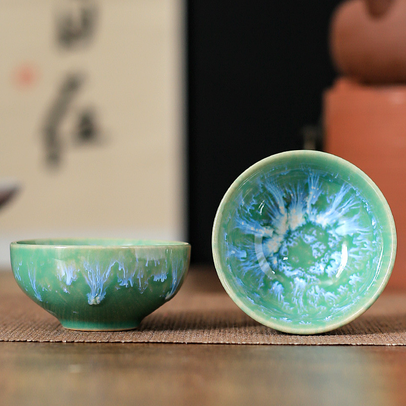 45ml copo de cerâmica doméstico forno mudança xícara de chá mestre copo de degustação copo de água azul cetim tigela de chá jianzhan casa de chá cha teaware: green