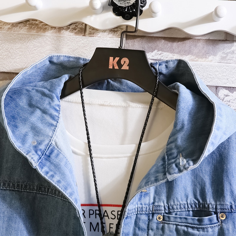 Men's Autumn Style Hooded Denim Jacket Youth Casual Solid Color Stand Collar Denim Jacket