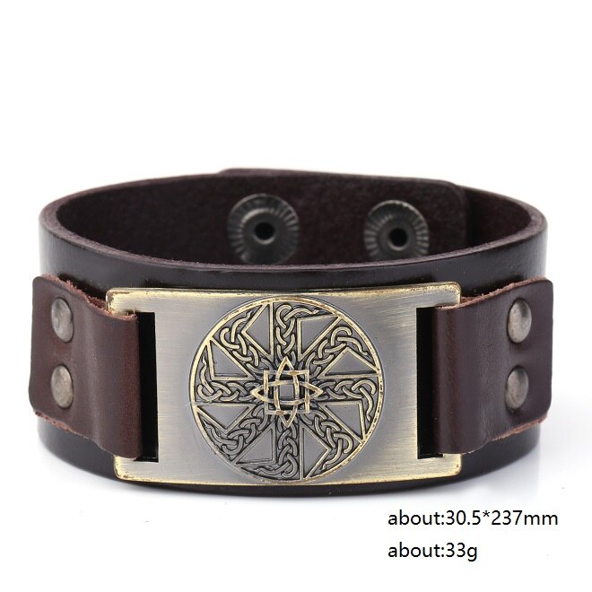 Skyrim-pulsera de cuero eslava para hombre, anís estrellado, amuleto redondo cerrado, pulsera ancha trenzada, brazalete Vikingo, joyería Vintage: brown-bronze