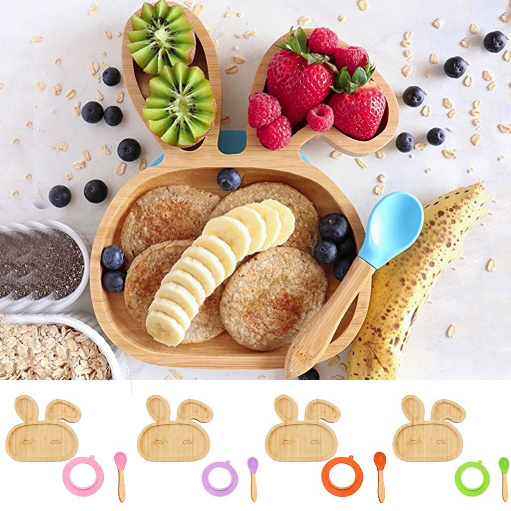 Baby Toddler Bamboo Sheep Plate Silicone Suction Feeding Bowl Suction Spoon Set Tableware Kitchen Accessories #30