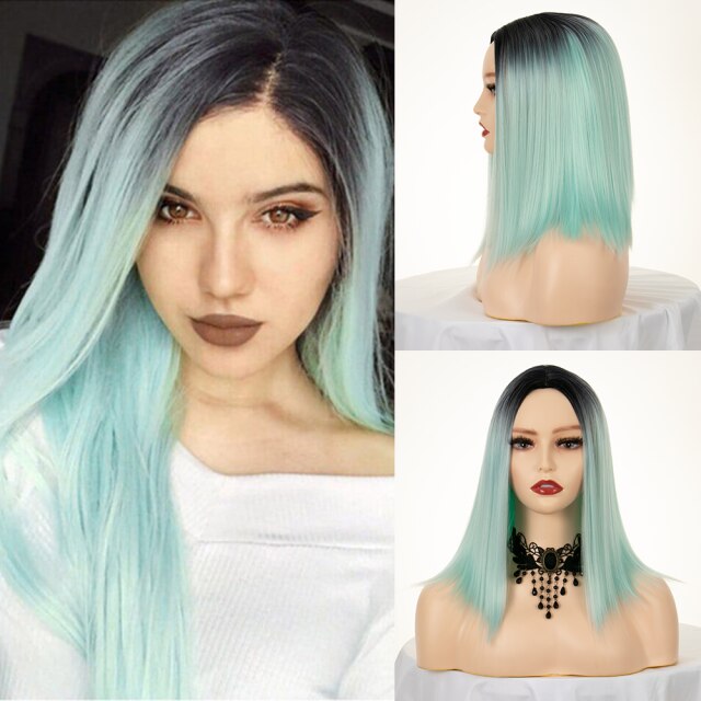 Ombre Straight Blue Wig Middle Part Short Bob Synthetic Hair 14&quot; Shoulder Length With Dark Roots Cosplay Costume Wigs For Women: 1BT Green
