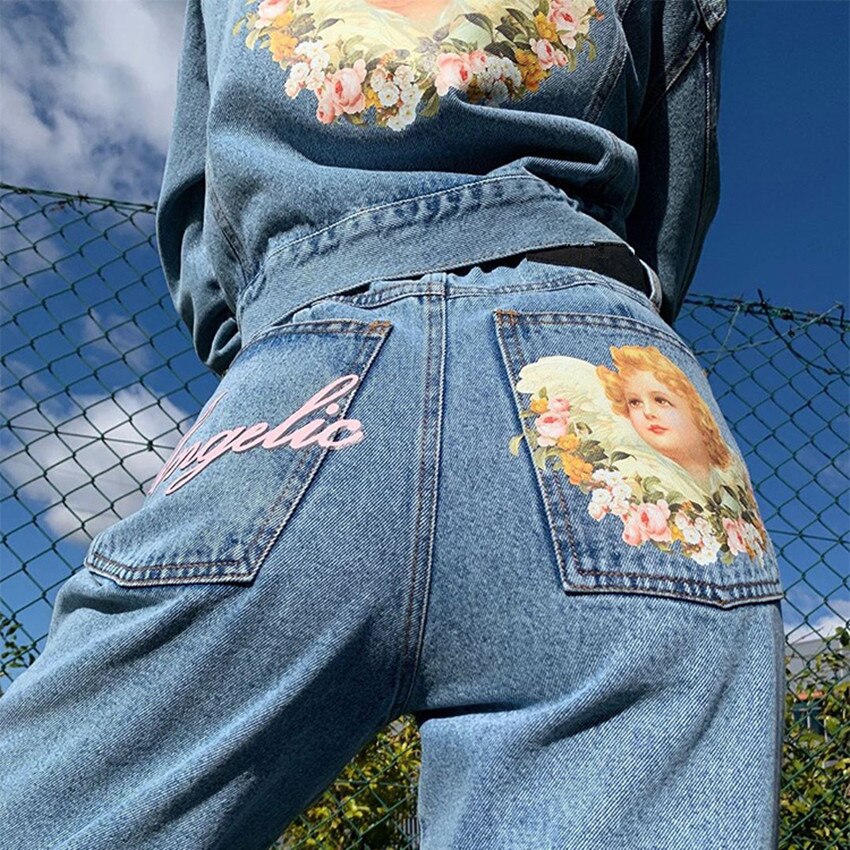 Retro denim løse mom jeans  y2k bukser lomme engel print baby blå høy midje bukser dame pantalon