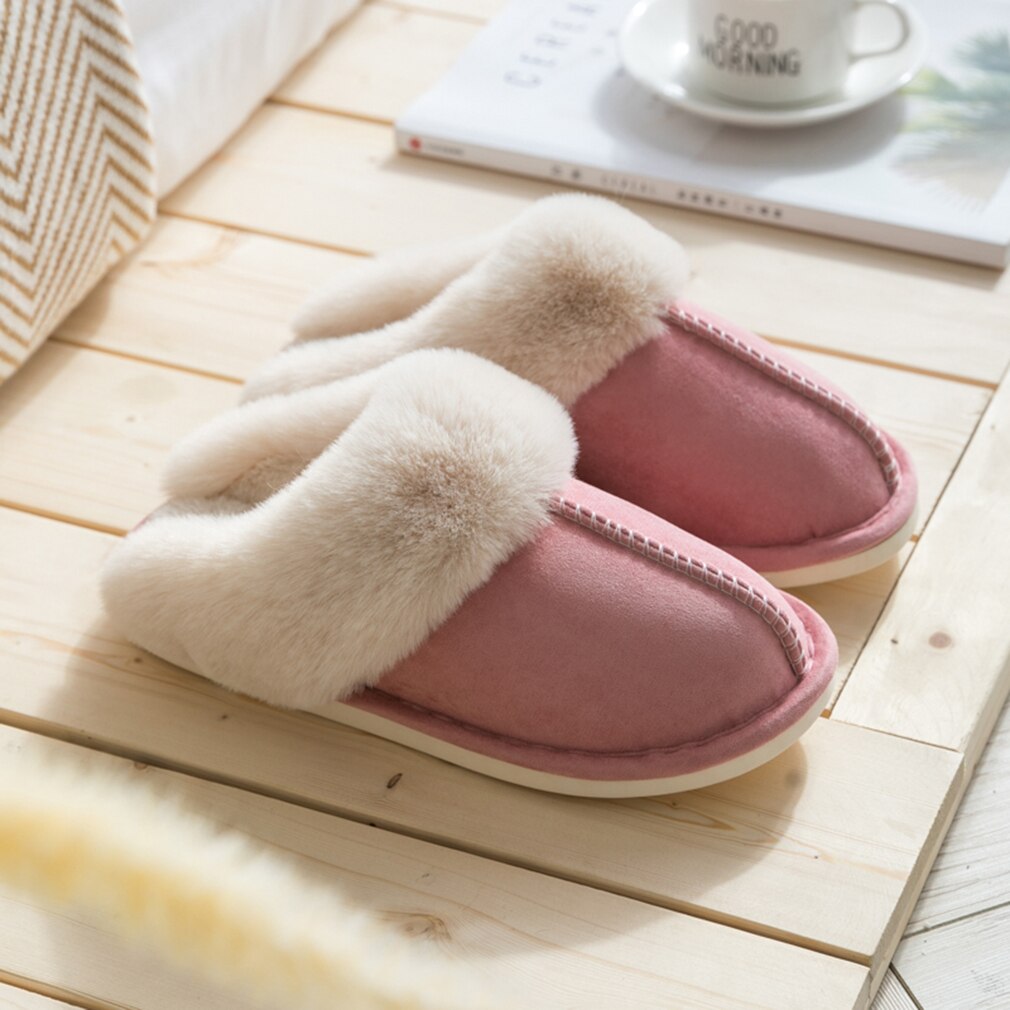 Nouvelles femmes fourrure maison pantoufles daim plat coton chaussures homme en peluche pantoufles Couple chambre diapositives fourrure intérieur chaussures: Pink / 6