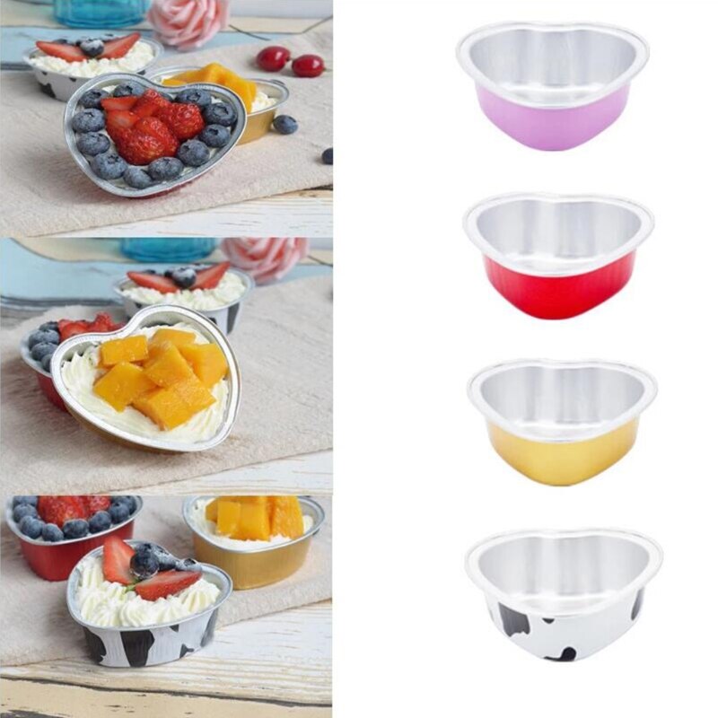 100Pcs Valentine Aluminum Foil Cake Pan 100ml Heart Shaped Cupcake Cup With Lids Disposable Mini Cupcake Cup For Wedding