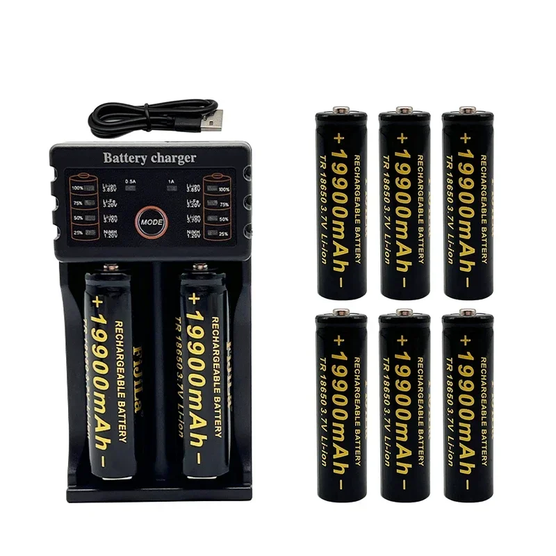 100% 18650 battery 3.7V 19900mAh rechargeable lithium ion battery with Led flashlight charger Toy battery + Charger: Blue