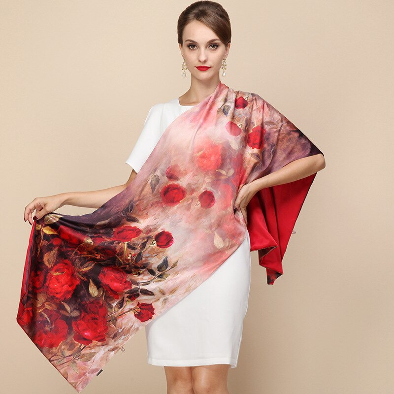 100% Zijde Satijn Lange Sjaal Dubbellaags Lente Sjaal Pashmina Vrouwen Luxe Sjaals Sjaal Printted Hijab