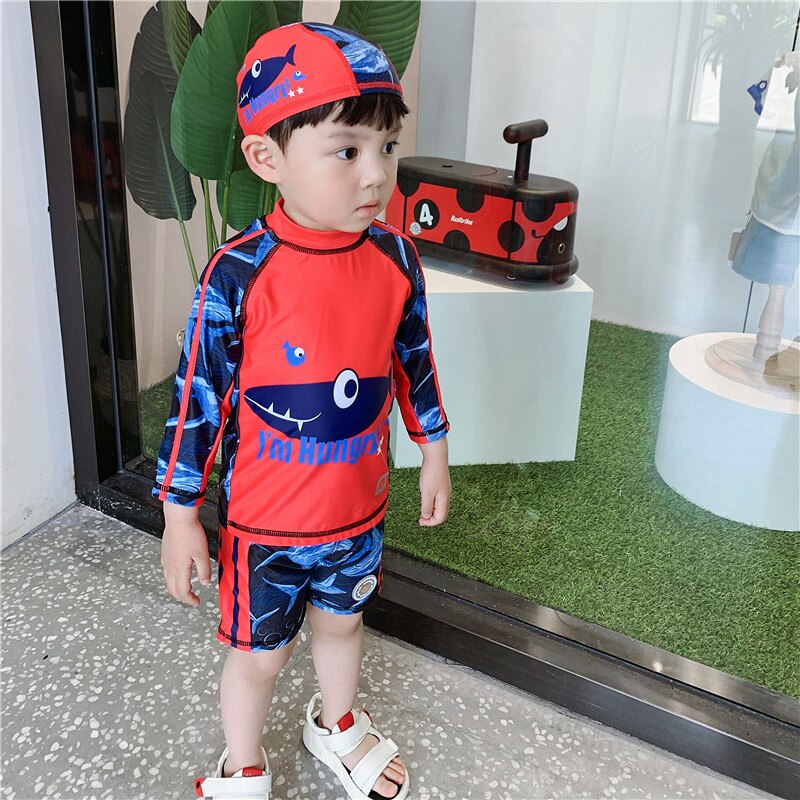 Swimwear for Kids Boys Children's Swimsuit for Boy Shark Print Long Sleeves Sun UV Protection 3 Pieces Child Bathing Clothes
