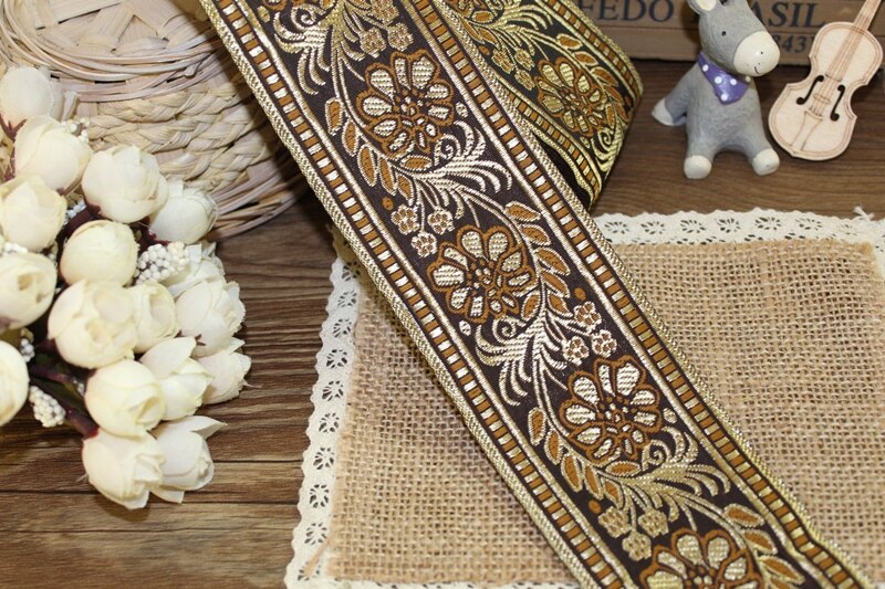 10 jardów tkana wstążka żakardowa 6 cm brązowy kwiat