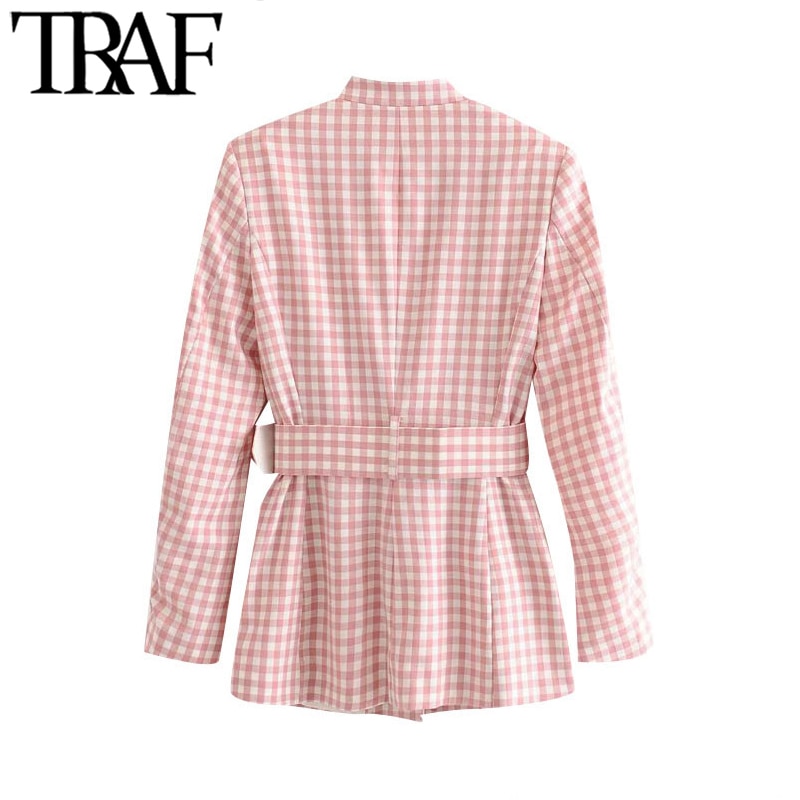 Traf kvinder kontortøj med bælte plaid blazer frakke vintage langærmede lommer kvindeligt overtøj smarte toppe