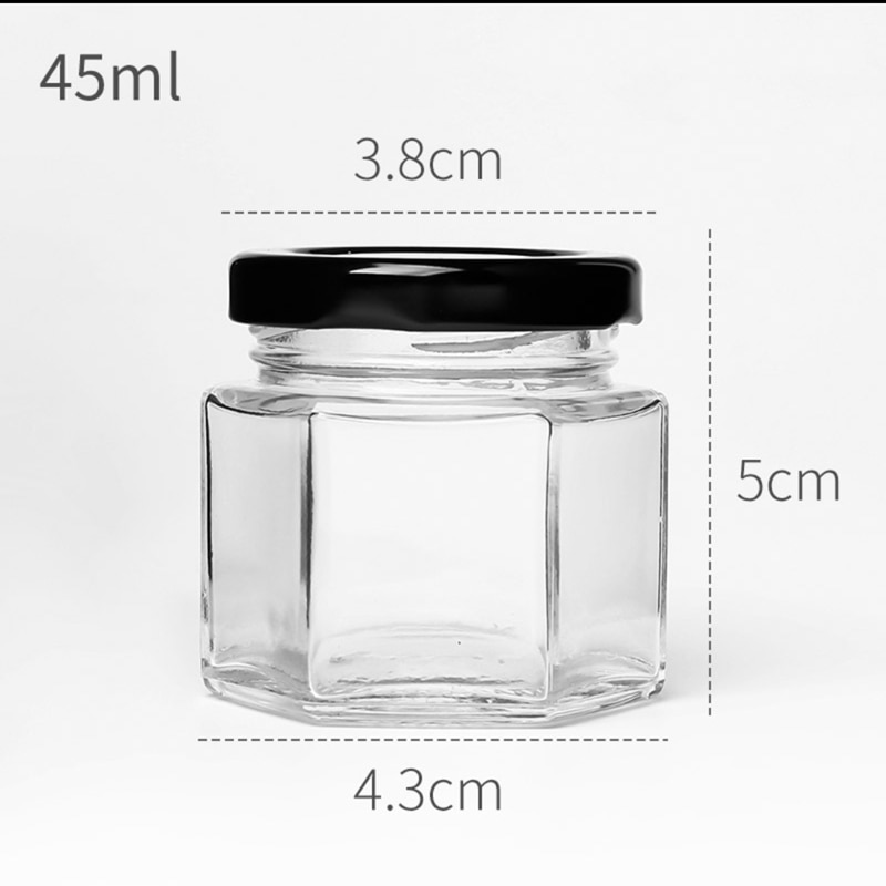 Mini tarro de miel de cristal Hexagonal X22, 45ml de capacidad, frascos de vidrio para Miel de 1,5 oz con cubiertas de Metal, tarros de miel para de de boda