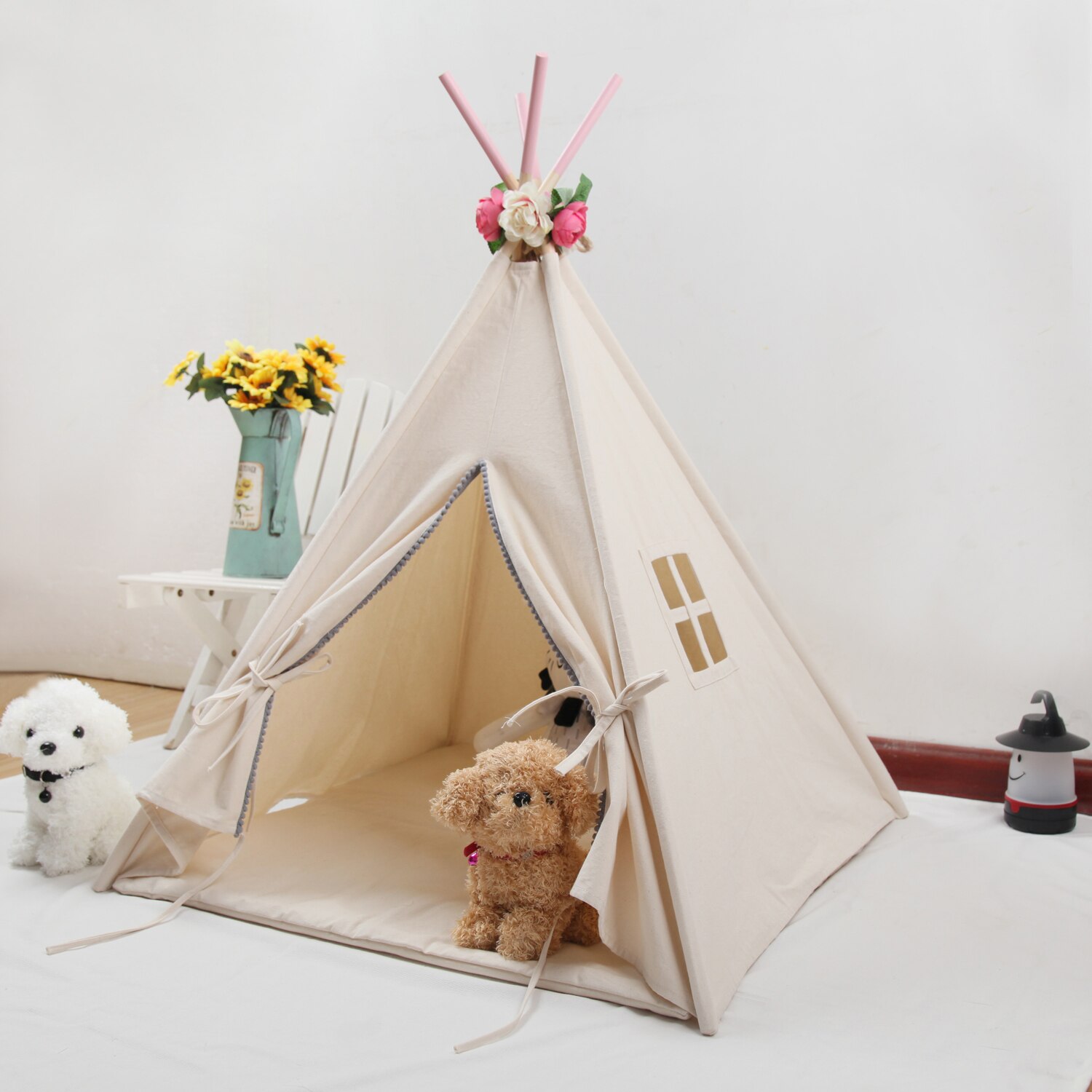 Natural Canvas Pom Poms Dog Teepee 60cm Base 63cm Tall NO window unpainted poles now