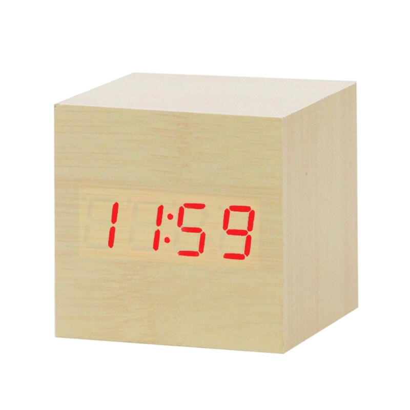 Di Legno del Led Digital Alarm Clock Orologio Elettronico Con Controllo Acustico di Rilevamento Funzione Snooze Breve Quadrato Singolo Viso Orologi