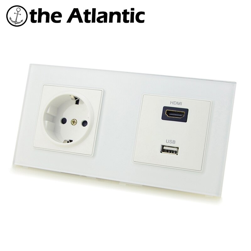 Atlectric EU Standard Plug Wall Power Socket Electrical Outlet Double Socket HDMI HD USB TV Port Socket Tempered Glass Panel