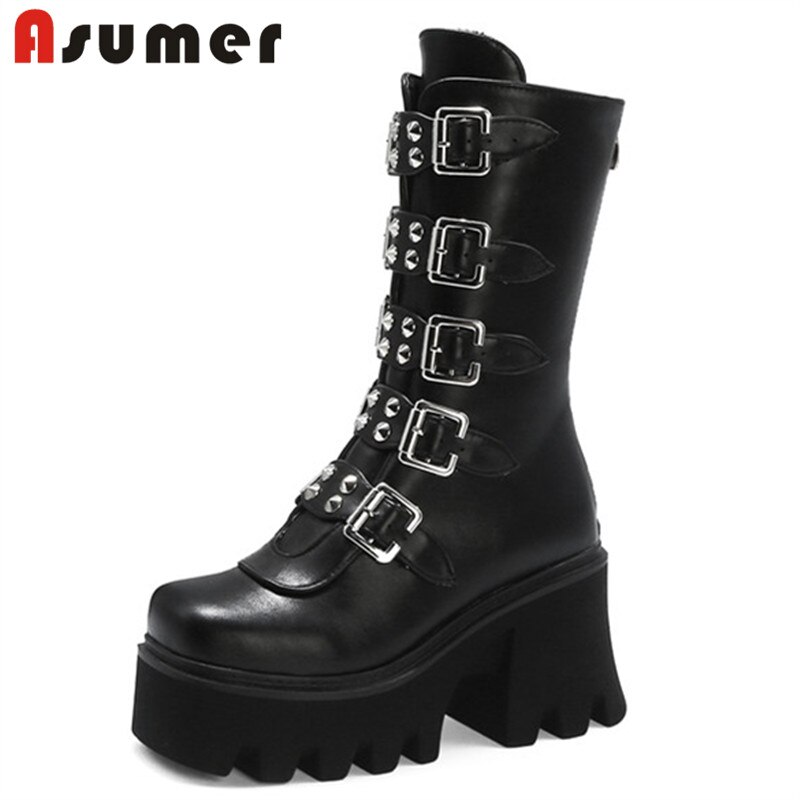 ASUMER nouvelle mi-mollet bottes femmes Style européen talon carré plate-forme bottes boucle populaire punk chaussures dames noir