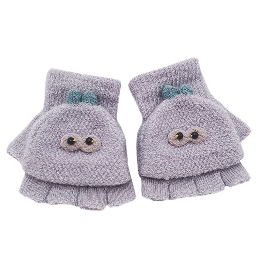 Children Kids Boys Girls Winter Cartoon Cat Patchwork Color Warm Knitted Gloves Kids Boy Girl Convenient Half-finger Gloves: Gray